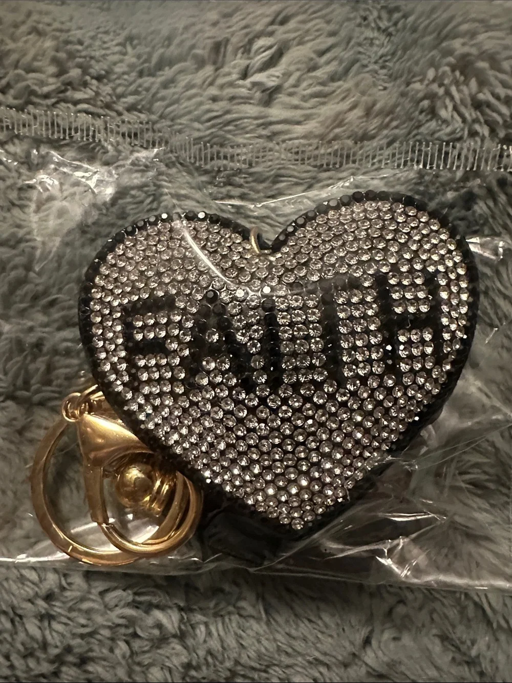 Rhinestone Heart Keychain charm- Black & Silver Sparkle